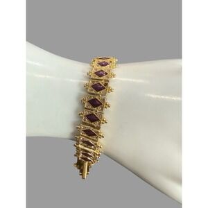Vintage Napier Gold Tone Panel Bracelet with Purple Cabochons